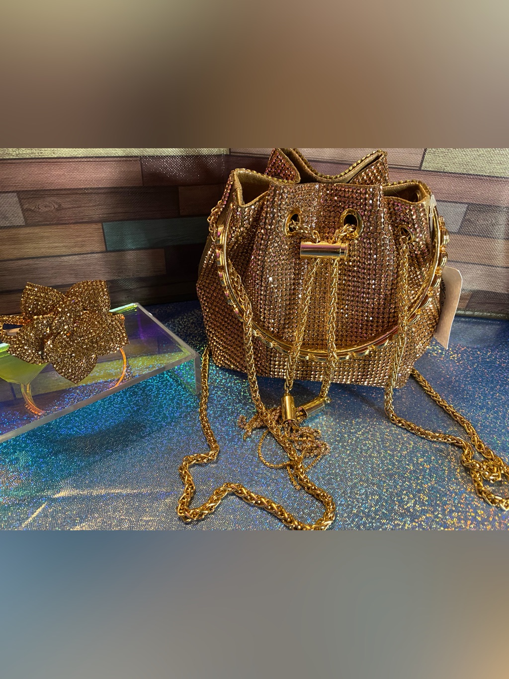 Golden Goddess Rhinestone Bucket Bag + Natasha Crystal Rose Cuff Set